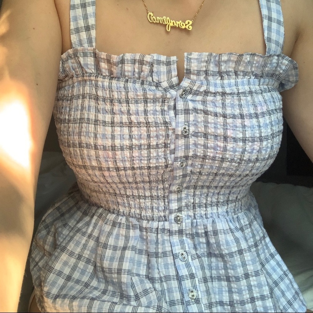 sleeveless blue and white top with buttons!